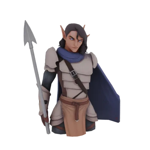 3D-Modell eines Elfenkriegers mit blauen Augen, dunklem Haar, Plattenrüstung, blauem Schal und Speer vor weißem Hintergrund.