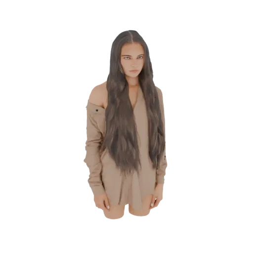 3D model of a young brunette woman with long hair, wearing a flowy beige tunic, posing elegantly against a white background.