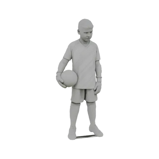 3D-Modell eines Jungen in Torwartuniform mit Fußball, in Grau gerendert.