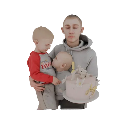 3D model of a family celebrating a birthday, with a boy kissing a baby next to a pink cake.