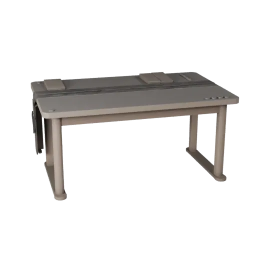 Minimal Notebook 3D model, three-quarter front view, Unreal Engine viewport, showing plastic, desk-scale silhouettes.
