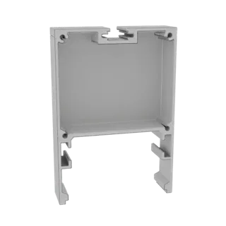 Modèle 3D d'un profilé d'extrusion en aluminium gris avec des rainures et des fentes visibles, présenté sur fond blanc.
