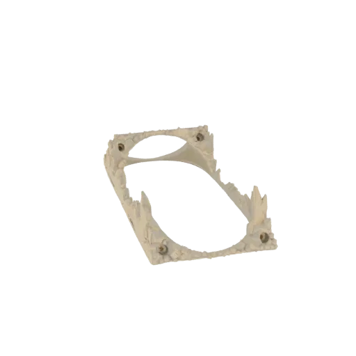 Modelo 3D de marco rectangular ornamentado con bordes texturizados y cuatro soportes para tornillos, presentado sobre fondo b