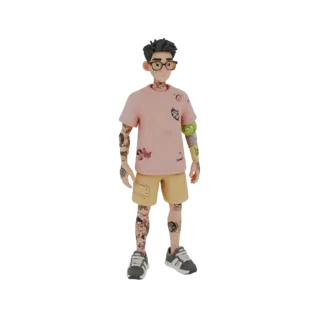 3D-Modell eines jungen Mannes mit Tattoos, trägt rosa T-Shirt, gelbe Shorts, Brille und Sneaker, steht aufrecht.