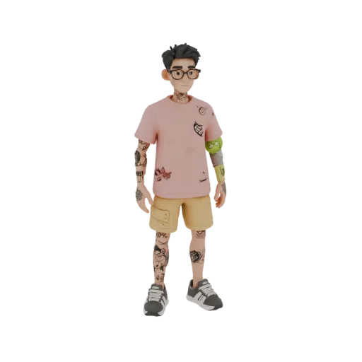 3D model of a young man with tattoos, wearing a pink t-shirt, yellow shorts, glasses, and sneakers, standing upright.