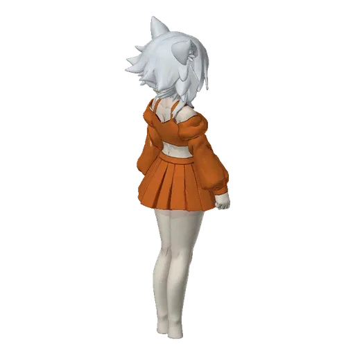 3D model of an anime fox girl with white hair and large ears, wearing an orange off-the-shoulder top and pleated skirt, stand