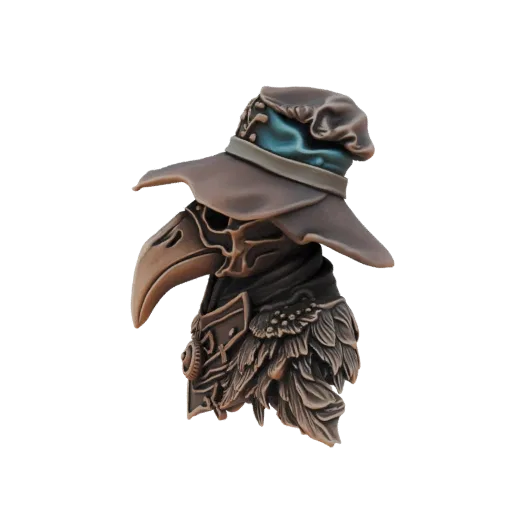 3D model of a Plague Doctor's hat and mask, featuring a wide-brimmed hat with a teal ribbon and a detailed bird-like mask wit