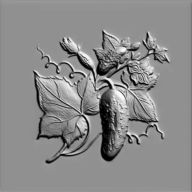Modelo 3D de bajorrelieve con imagen de pepino, hojas y flores, realizado en estilo bajorrelieve.