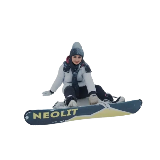 3D model of a young woman sitting on a snowboard, wearing winter clothing and smiling.