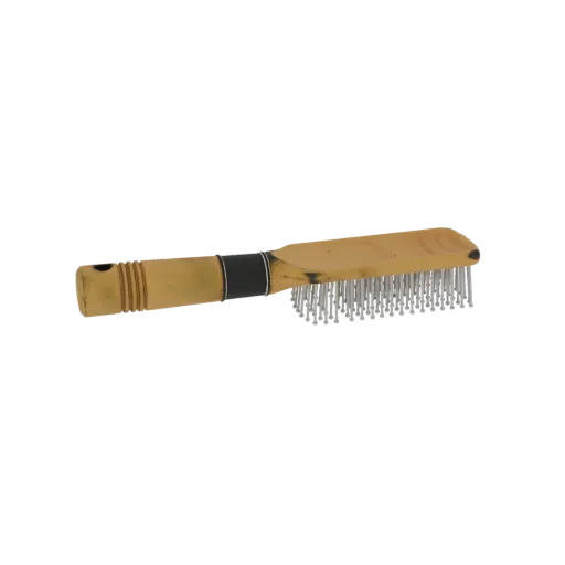 A 3D model of a vintage wire hair brush with a light brown wooden handle and silver metal bristles, set against a white backg