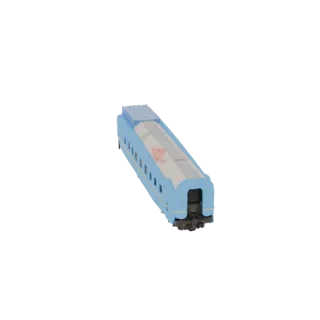 Modelo 3D de um vagão de passageiros azul claro com teto prateado e janelas visíveis, mostrado de um ângulo lateral ligeirame
