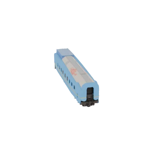 3D model of a light blue passenger train car with a silver roof and visible windows, shown from a slightly elevated side angl