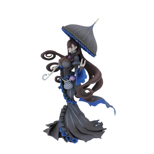 3D model of a gothic lady with long dark hair, wearing a black and blue dress, holding a black umbrella.