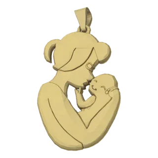 3D model of a mother tenderly holding and kissing her baby, depicted in a warm golden material, with a loop for pendant attac