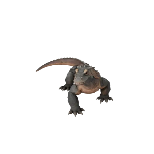 Modelo 3D Komodo Dragon Low Poly, vista lateral da câmera de gameplay, asset animal low-poly com dobras de pele, formas de cr