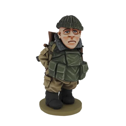 3D model of a chubby soldier wearing a green beanie, tactical vest, and backpack, with hands behind his back.