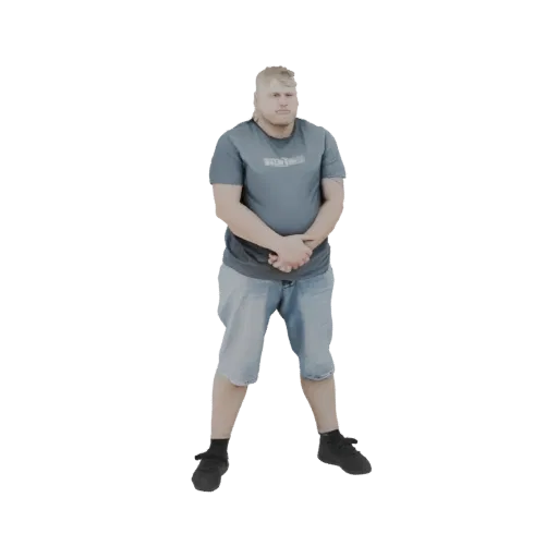 3D model of a man standing casually, wearing a grey t-shirt and denim shorts, with hands clasped.