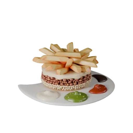 French Fries Realistic 3D model, three-quarter studio render, showing sauces, plated composition.