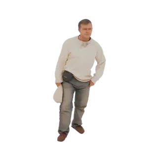 3D-Modell eines Mannes in einem cremefarbenen Pullover und grauer Jeans, der einen weißen Hut hält, lässig posiert.