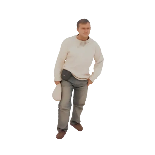 3D model of a man wearing a cream sweater and grey jeans, holding a white hat, posed casually.