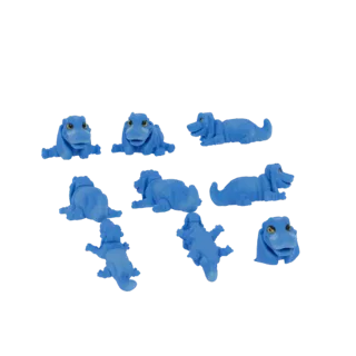 Una collezione di nove figurini di cani cartoni animati blu in varie pose giocose, renderizzati in un'anteprima del modello 3