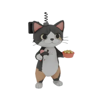 3D model of a tricolor robot cat standing on hind legs, with a toy mouse and food bowl, head on a spring