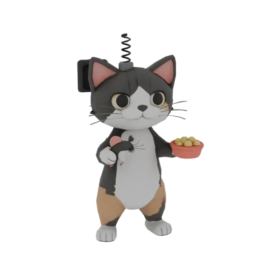 3D model of a tricolor robot cat standing on hind legs, with a toy mouse and food bowl, head on a spring