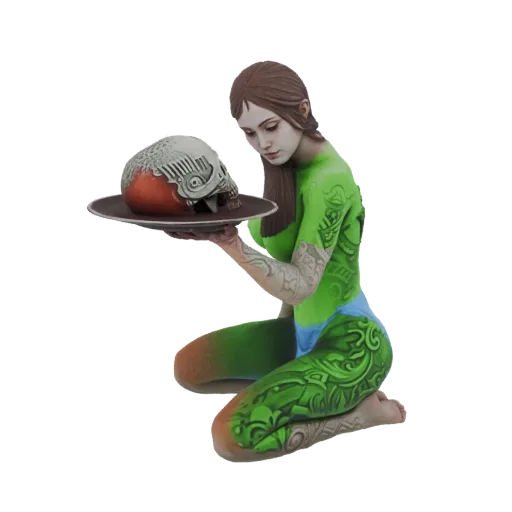 3D model of a gothic woman kneeling, adorned with green body art, offering a skull on a platter.