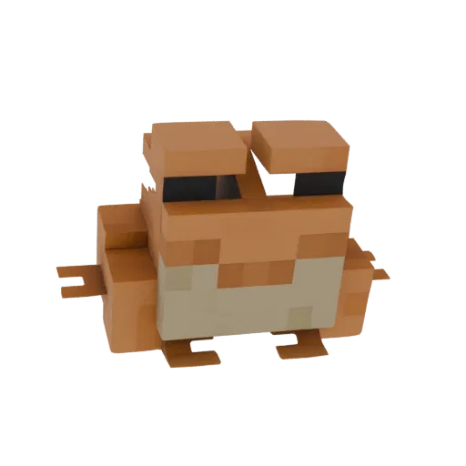 A 3D model of a cute, orange frog with a blocky, pixelated design inspired by Minecraft, shown from a side-front angle.