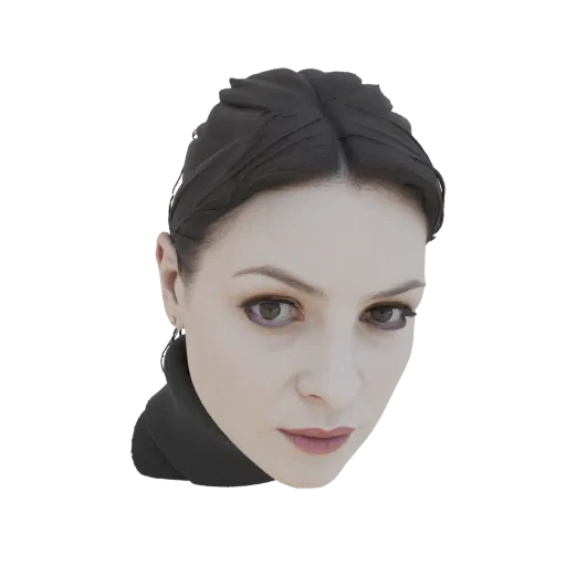 3D model of an elegant woman with dark hair pulled back, wearing a dark turtleneck, with a neutral expression and looking sli
