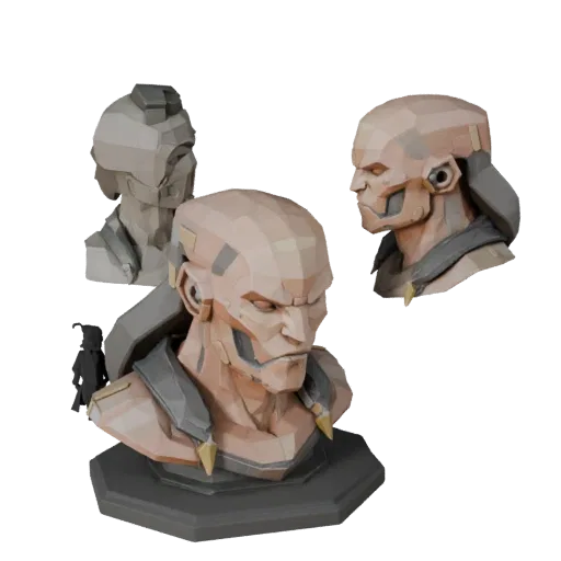 Sci-Fi Creature Bust low poly 3D model preview showing facial planes, three-quarter game view