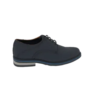 Side view of a 3D model of a men's dark blue derby shoe with a grey and blue striped sole.