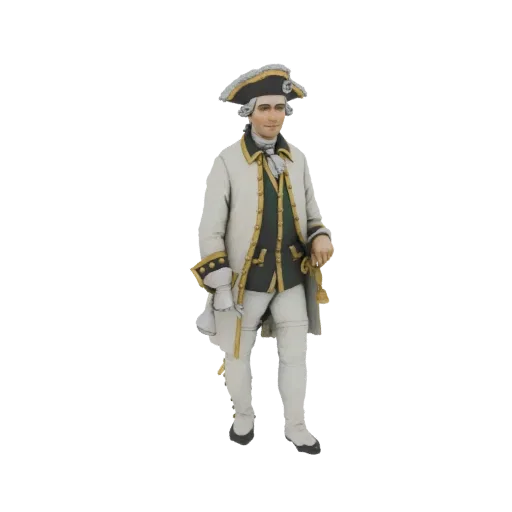 Modello 3D di un gentiluomo del XVIII secolo con cappotto bianco, gilet verde scuro, calzoni bianchi e tricorno, in posa dign
