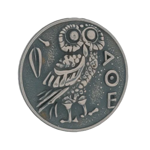 3D model of an ancient Greek coin featuring an owl and Greek lettering