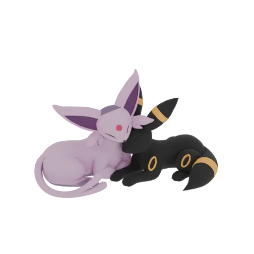 3D model of Espeon and Umbreon cuddling, with Espeon leaning into Umbreon's side.