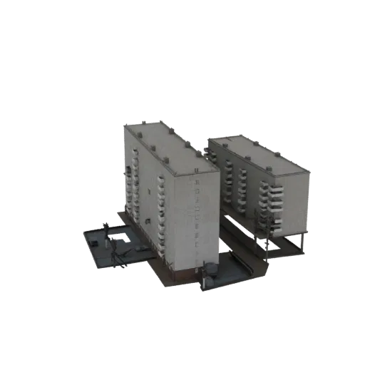 3D model of two grey, multi-story Soviet-era apartment buildings with balconies, set against a white background.