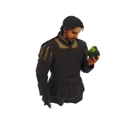 3D model of a medieval scholar in dark tunic, holding a glowing green gem in his hand, looking down at it.