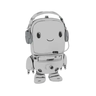 3D model of a cute, retro computer robot character wearing headphones and a microphone, with a friendly smile.