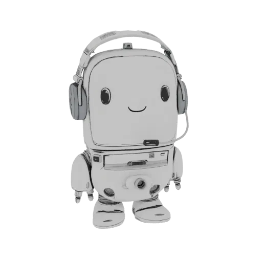 3D model of a cute, retro computer robot character wearing headphones and a microphone, with a friendly smile.