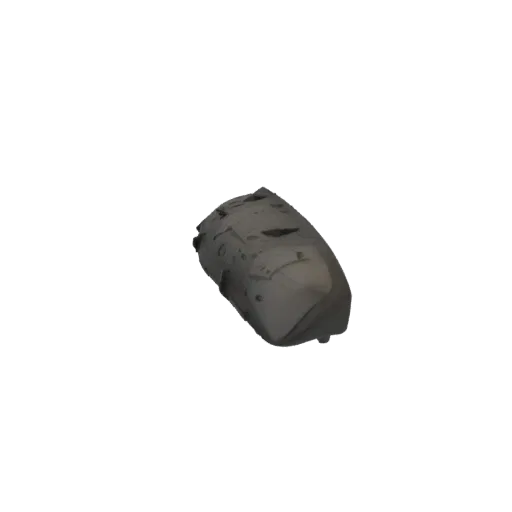 A 3D model of a rough, grey asteroid fragment with a pitted and cratered surface, isolated on a black background.