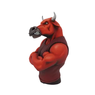 Modelo 3D de un toro rojo furioso con brazos musculosos cruzados y expresión feroz.