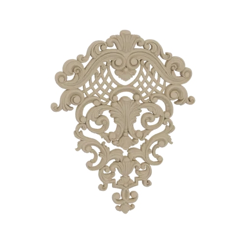 A detailed 3D model of an ornate Baroque swirl ornament with intricate acanthus leaves and lattice work, rendered in a light