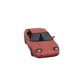 A 3D model of a red sports car with pop-up headlights, viewed from a three-quarter front angle.