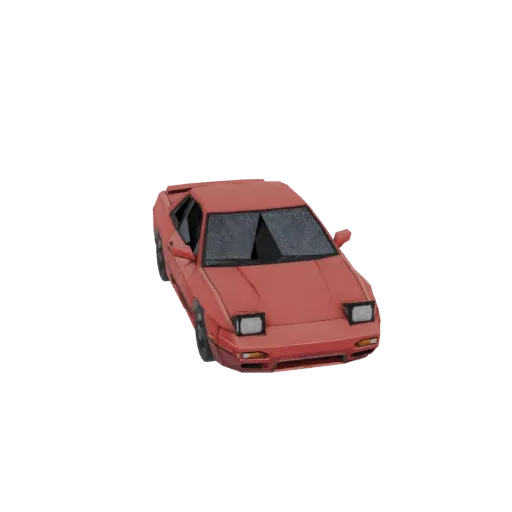 A 3D model of a red sports car with pop-up headlights, viewed from a three-quarter front angle.