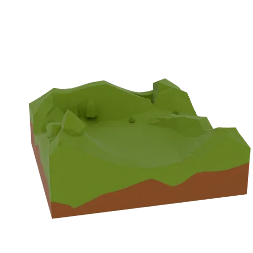 Modèle 3D imprimable de diorama de rencontre forestière, rendu STL isométrique de table, montrant le terrain sculpté, le déta