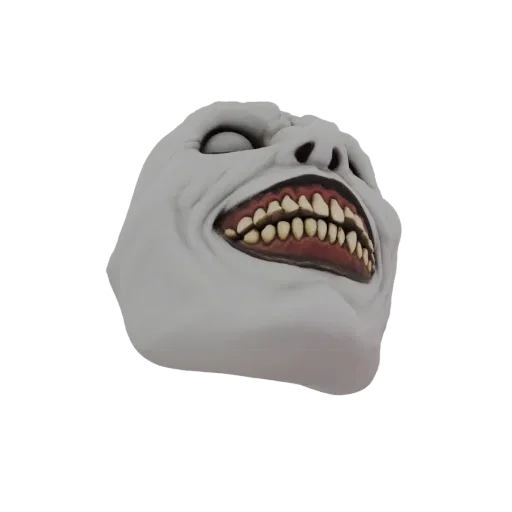 3D model of a grotesque ghoul mask with a pale, wrinkled face and a wide, open mouth filled with sharp teeth, set against a w