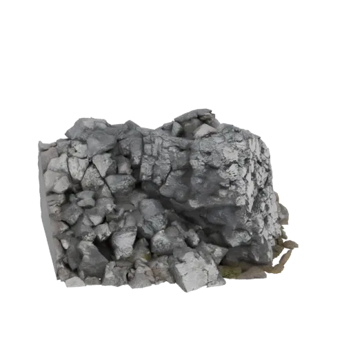Un modelo 3D de una formación rocosa robusta y agrietada con texturas detalladas y ángulos agudos, sobre un fondo blanco.