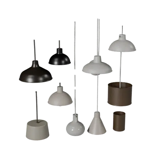 Minimal Pendant Lamp Modular 3D model, home interior, isometric modular kit view, metal detail.