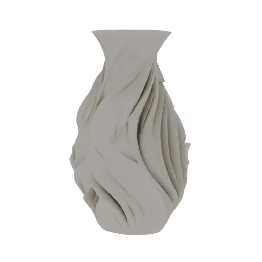 Un rendering 3D di un vaso grigio chiaro con una texture che ricorda tessuto intrecciato, che mostra pieghe e curve profonde.