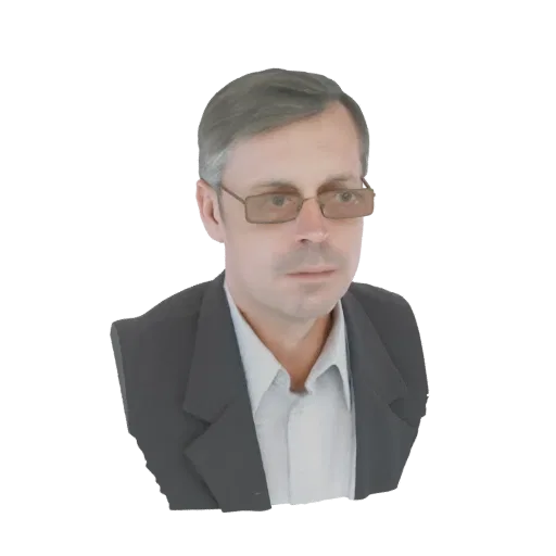 Modelo 3D de un hombre con traje oscuro, camisa blanca y gafas, con expresión neutral.